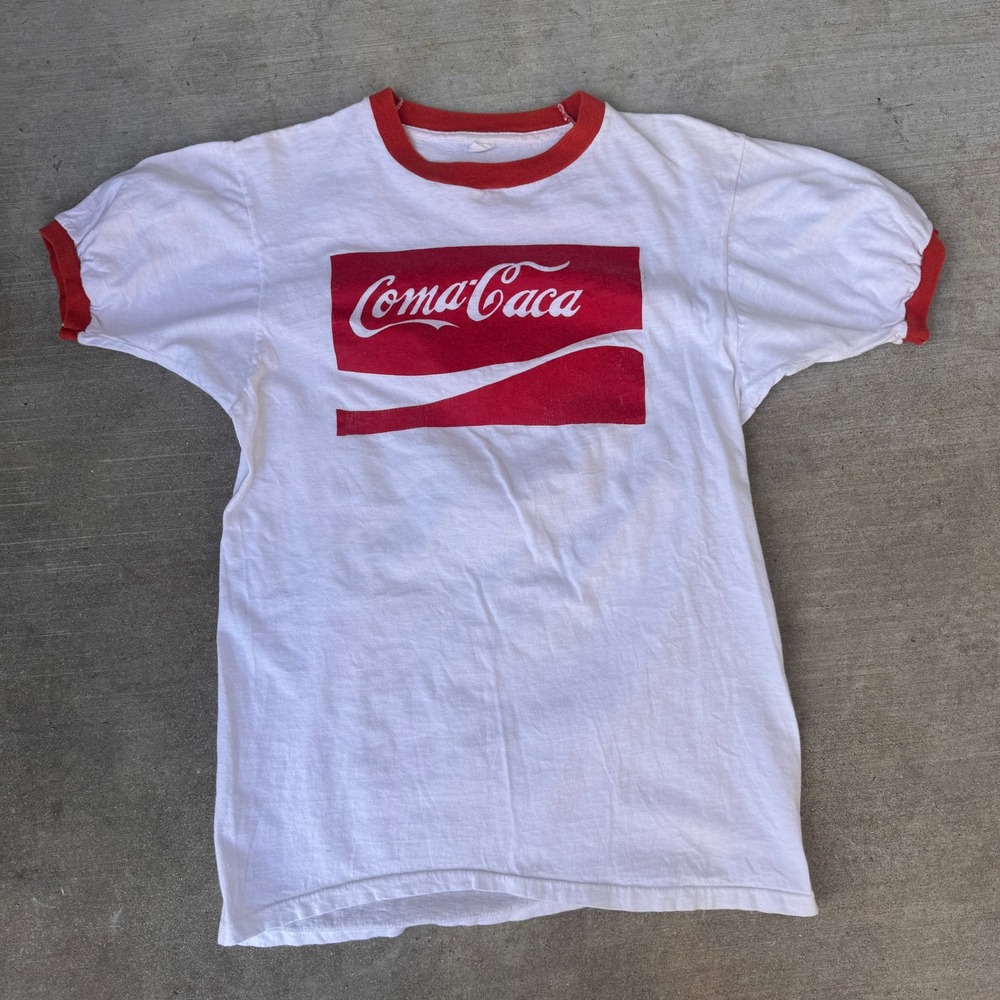 Vintage 60s Coma Caca Coca Cola Parody Ringer T-Shirt Graphic Tee Mens Medium